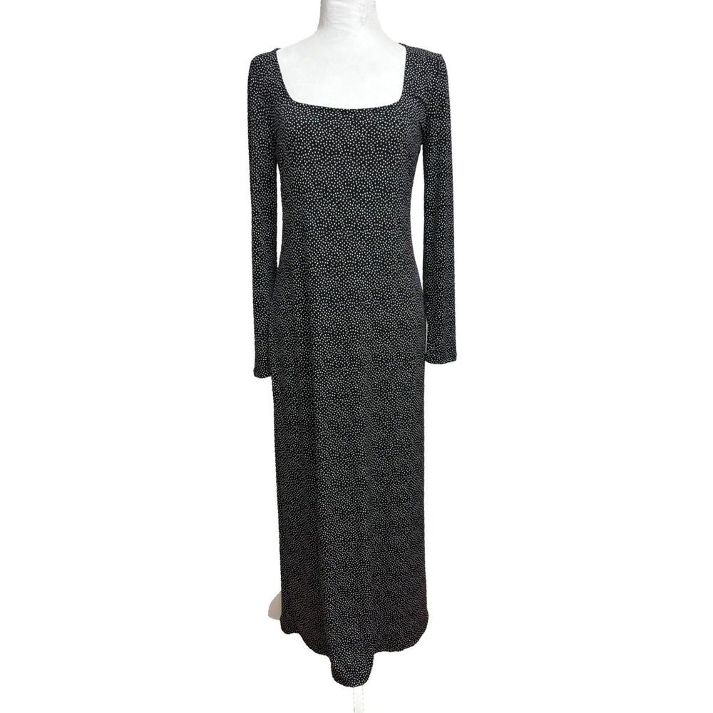 ModCloth Maxi Dress Black Polka Dot Square Neck Stretch Mod Indie Retro Party M